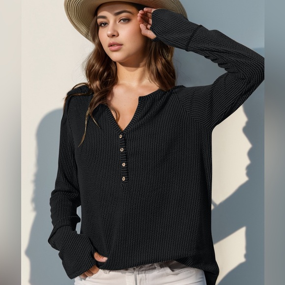 Tops - Casual Notched Thumbhole Long Sleeve T-Shirt